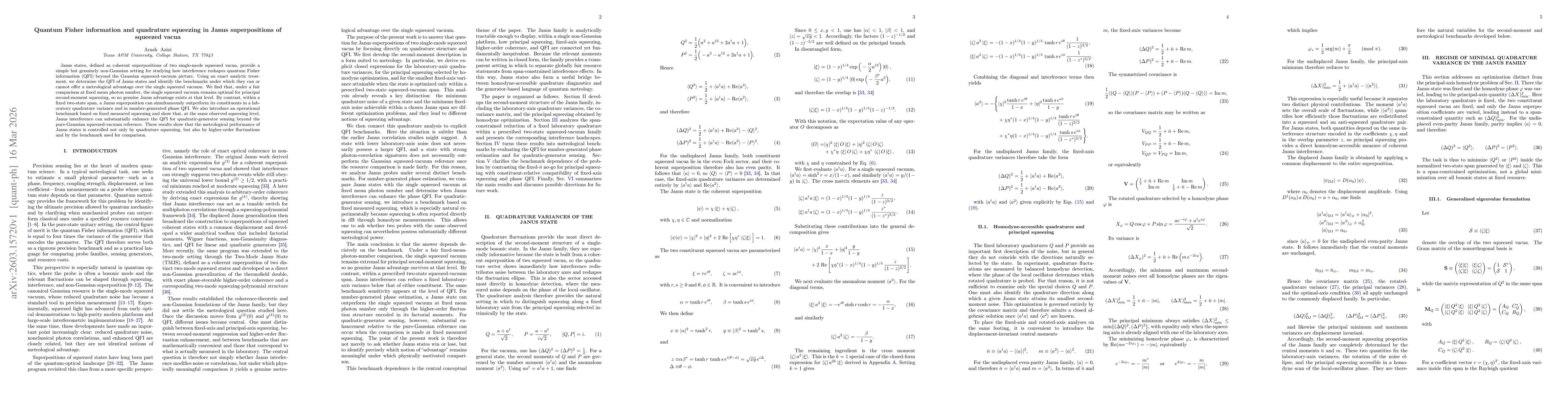Thumbnail for Quantum Fisher information and quadrature squeezing in Janus superpositions of squeezed vacua