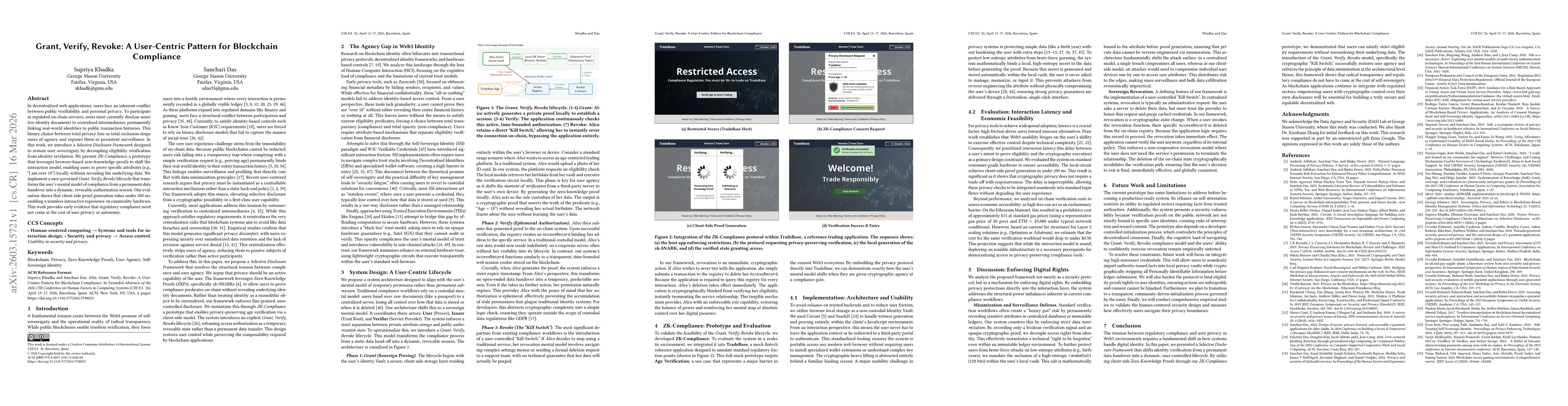 Thumbnail for Grant, Verify, Revoke: A User-Centric Pattern for Blockchain Compliance