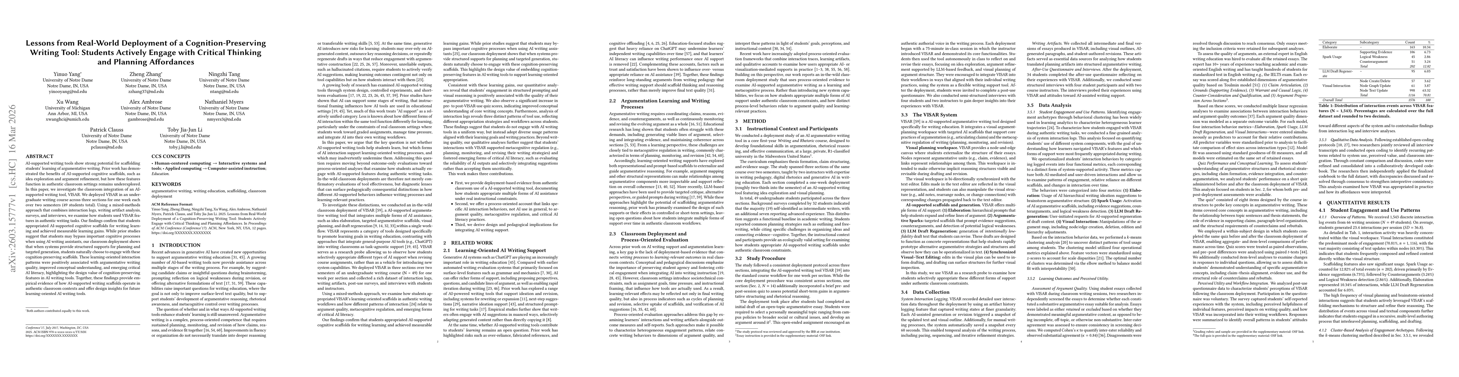 Thumbnail for Lessons from Real-World Deployment of a Cognition-Preserving Writing Tool: Students Actively Engage with Critical Thinking and Planning Affordances