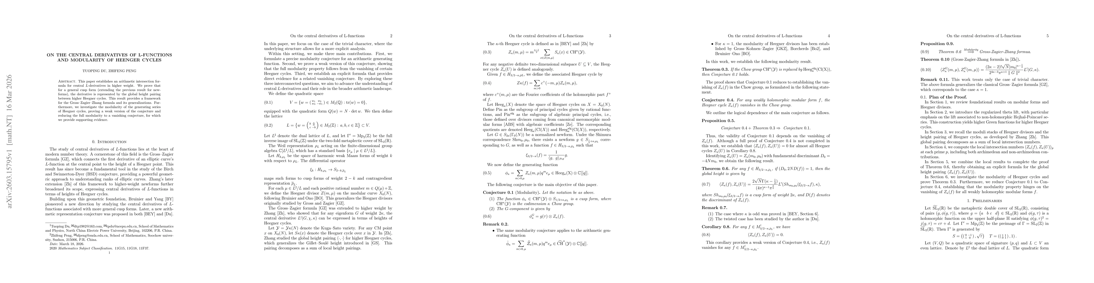 Thumbnail for On the central derivatives of l-functions and modularity of heenger cycles