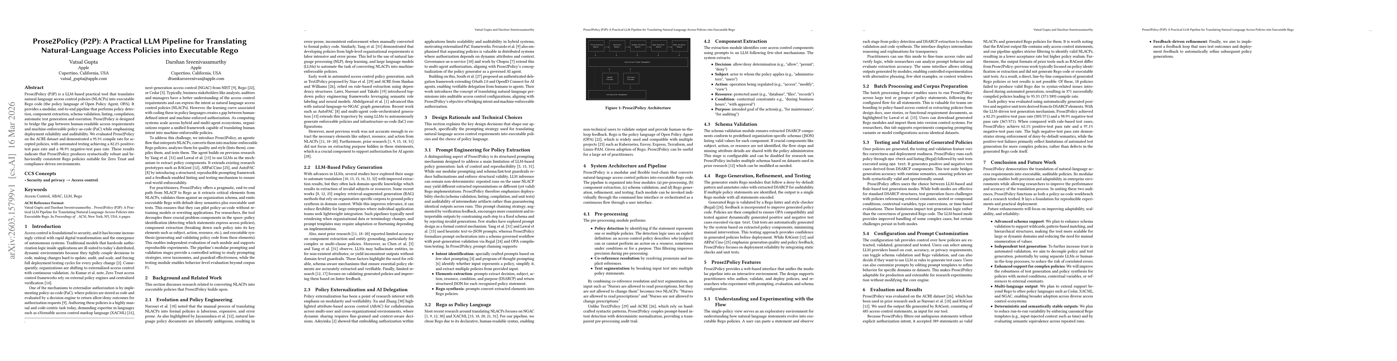 Thumbnail for Prose2Policy (P2P): A Practical LLM Pipeline for Translating Natural-Language Access Policies into Executable Rego