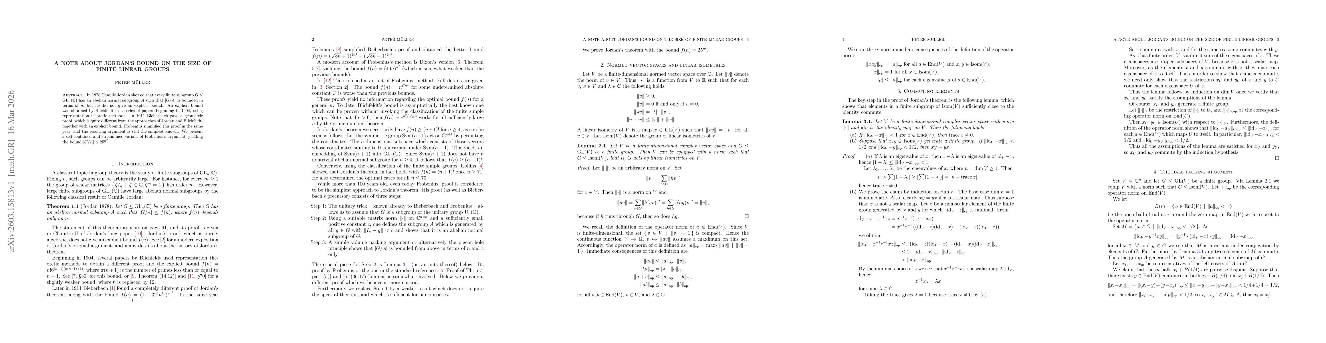 Thumbnail for A note about Jordan's bound on the size of finite linear groups