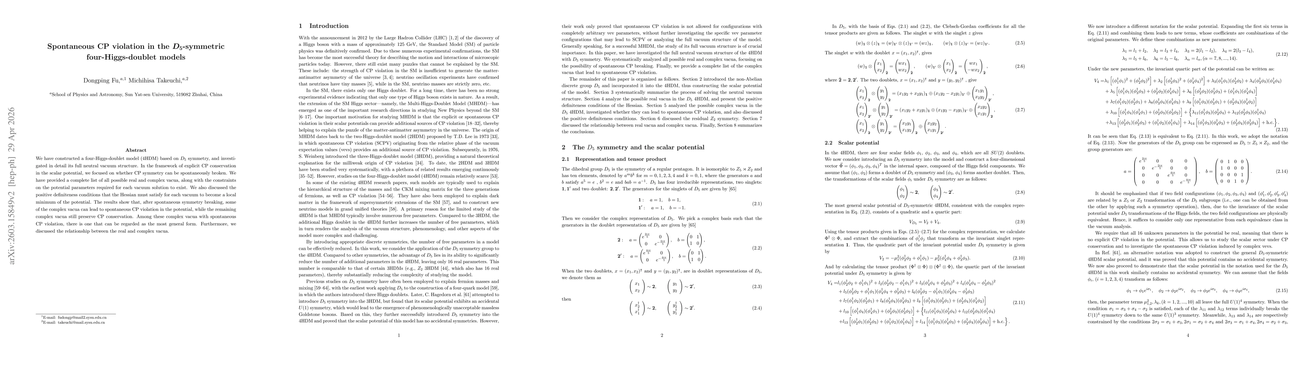 Thumbnail for Spontaneous CP violation in the D_5-symmetric four-Higgs-doublet models