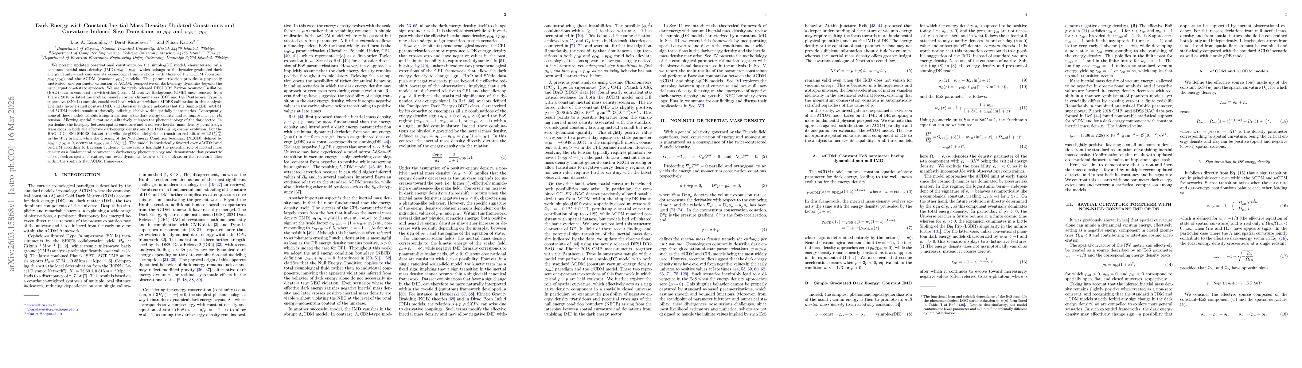 Thumbnail for Dark Energy with Constant Inertial Mass Density: Updated Constraints and Curvature-Induced Sign Transitions in $ρ_{\rm DE}$ and $ρ_{\rm DE}+p_{\rm DE}$