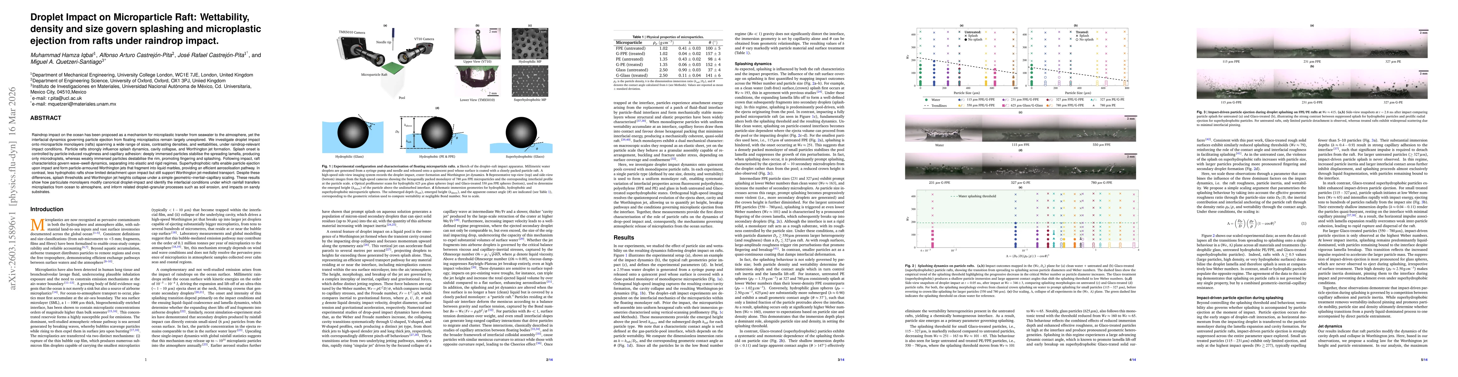 Thumbnail for Droplet Impact on Microparticle Raft: Wettability, density and size govern splashing and microplastic ejection from rafts under raindrop impact