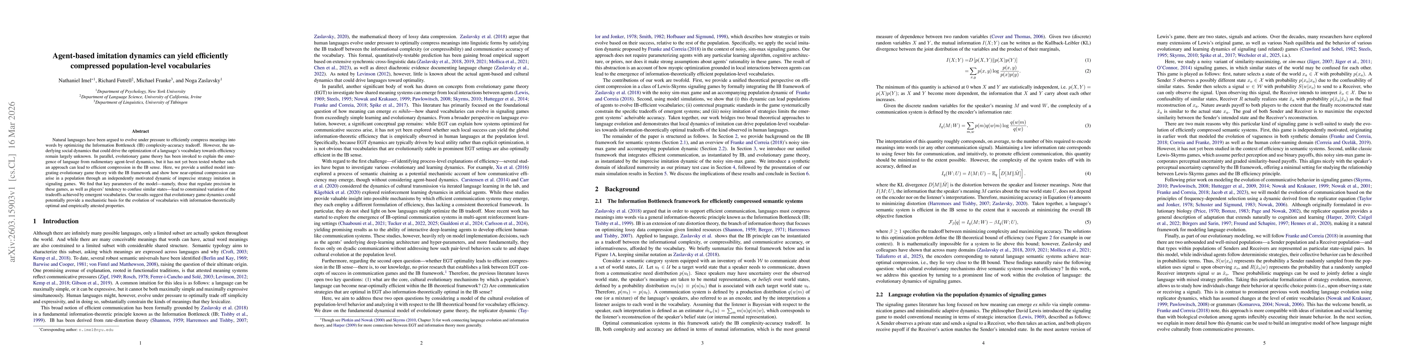 Thumbnail for Agent-based imitation dynamics can yield efficiently compressed population-level vocabularies