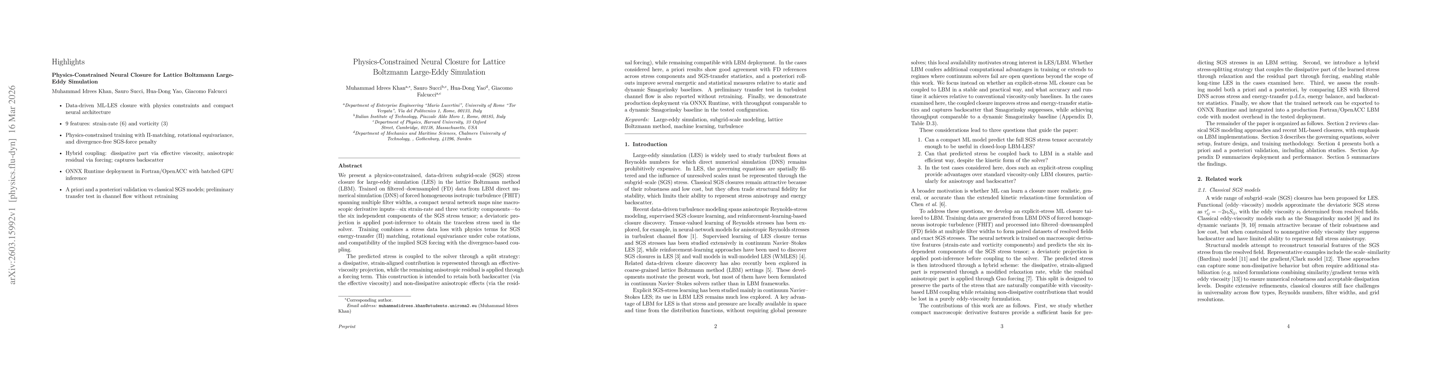 Thumbnail for Physics-Constrained Neural Closure for Lattice Boltzmann Large-Eddy Simulation