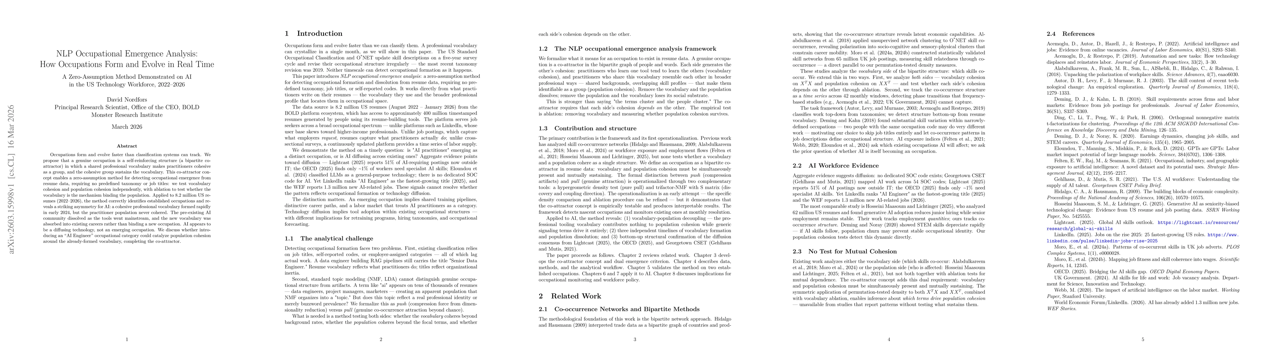 Thumbnail for NLP Occupational Emergence Analysis: How Occupations Form and Evolve in Real Time -- A Zero-Assumption Method Demonstrated on AI in the US Technology Workforce, 2022-2026