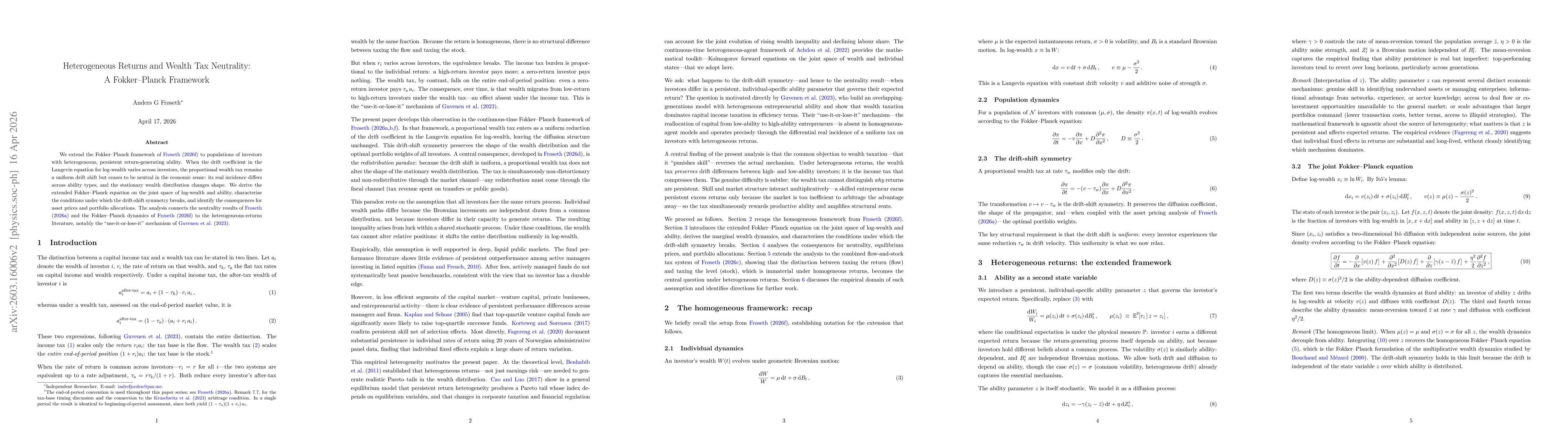 Thumbnail for Heterogeneous Returns and Wealth Tax Neutrality: A Fokker--Planck Framework
