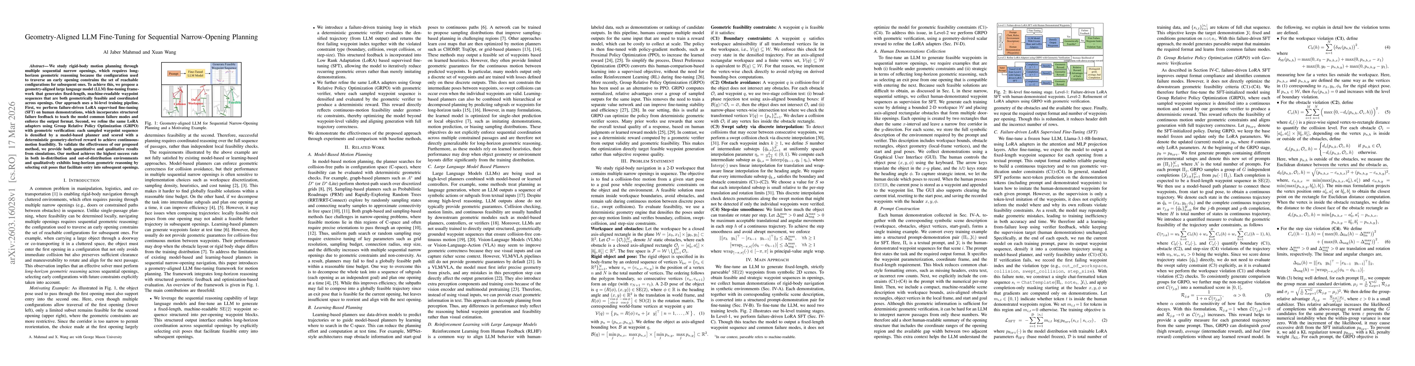 Thumbnail for Geometry-Aligned LLM Fine-Tuning for Sequential Narrow-Opening Planning