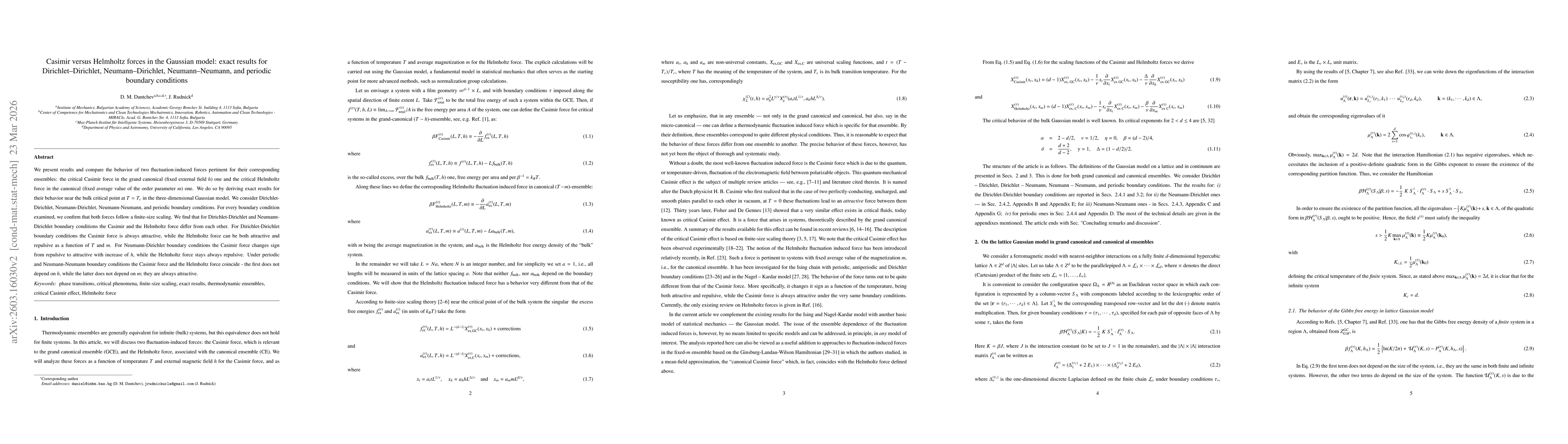 Thumbnail for Casimir versus Helmholtz forces in the Gaussian model: exact results for Dirichlet--Dirichlet, Neumann--Dirichlet, Neumann--Neumann, and periodic boundary conditions