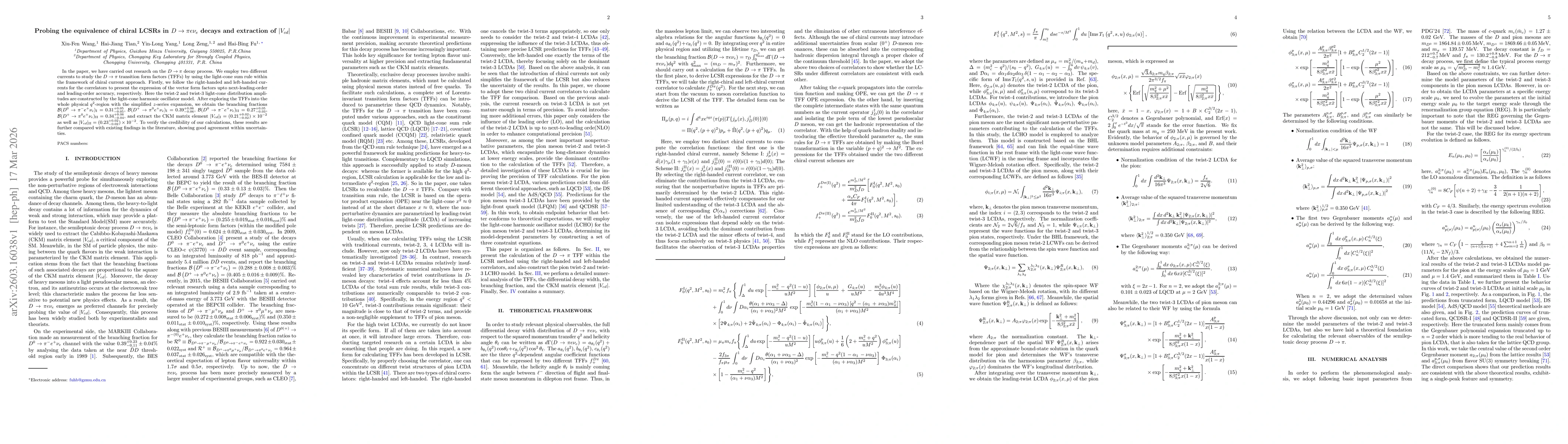 Thumbnail for Probing the equivalence of chiral LCSRs in $D \to πe ν_e$ decays and extraction of $|V_{cd}|$