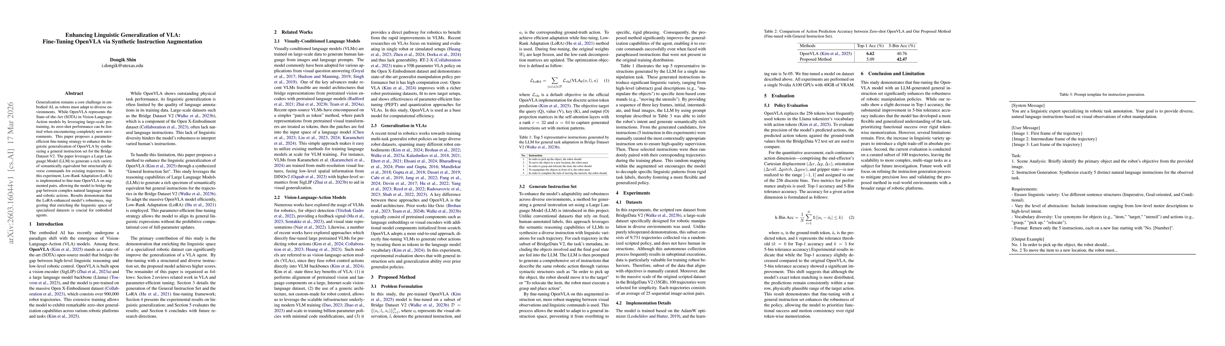 Thumbnail for Enhancing Linguistic Generalization of VLA: Fine-Tuning OpenVLA via Synthetic Instruction Augmentation