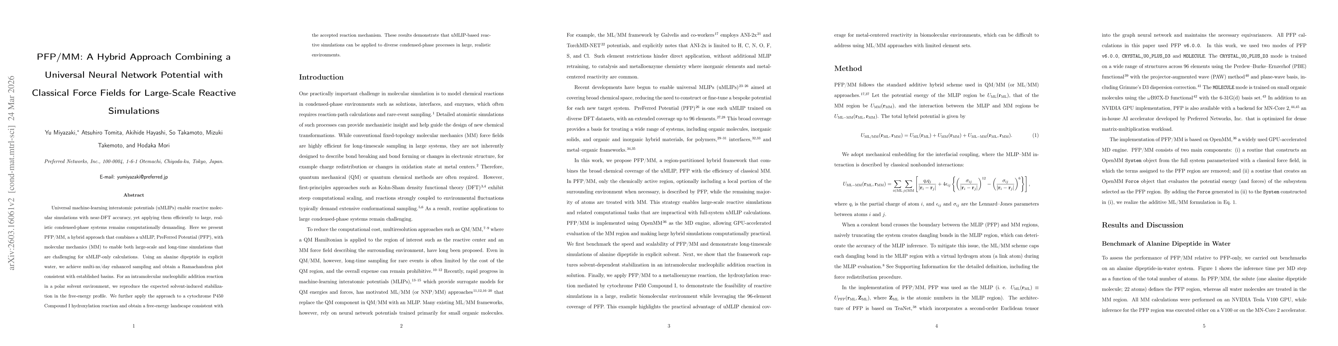 Thumbnail for PFP/MM: A Hybrid Approach Combining a Universal Neural Network Potential with Classical Force Fields for Large-Scale Reactive Simulations