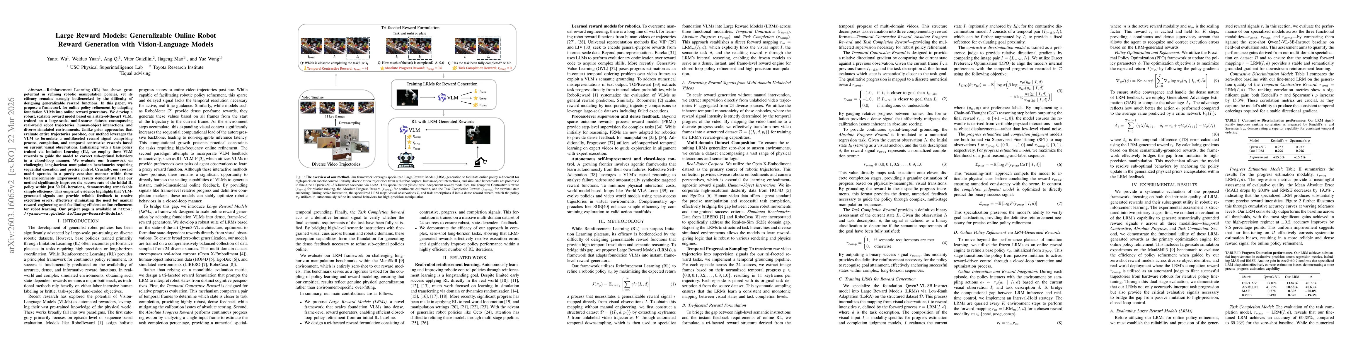 Thumbnail for Large Reward Models: Generalizable Online Robot Reward Generation with Vision-Language Models
