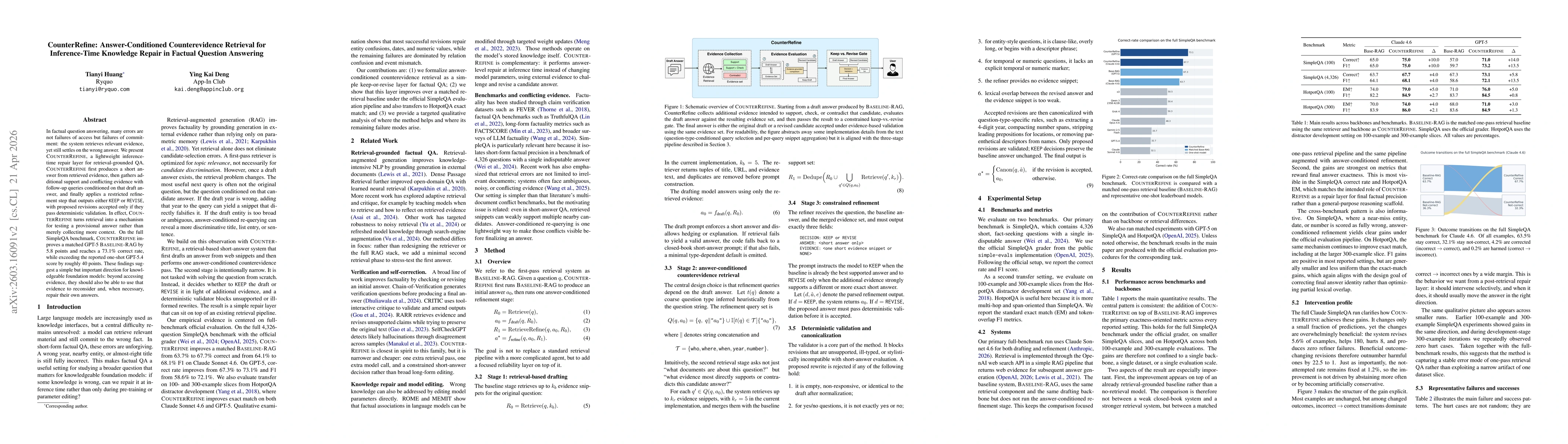 Thumbnail for CounterRefine: Answer-Conditioned Counterevidence Retrieval for Inference-Time Knowledge Repair in Factual Question Answering