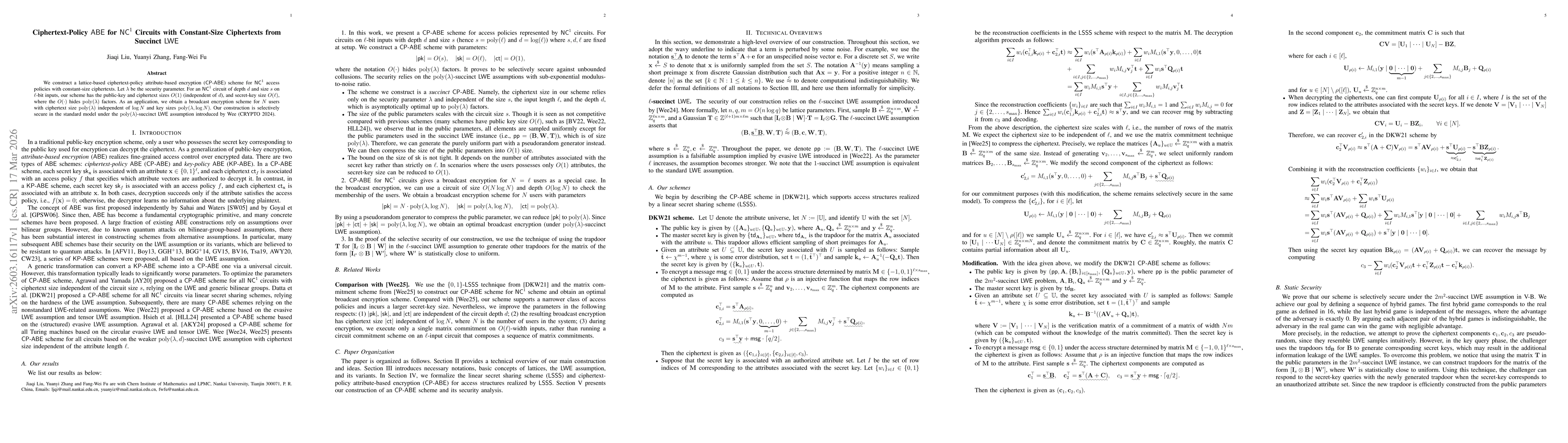 Thumbnail for Ciphertext-Policy ABE for $\mathsf{NC}^1$ Circuits with Constant-Size Ciphertexts from Succinct LWE