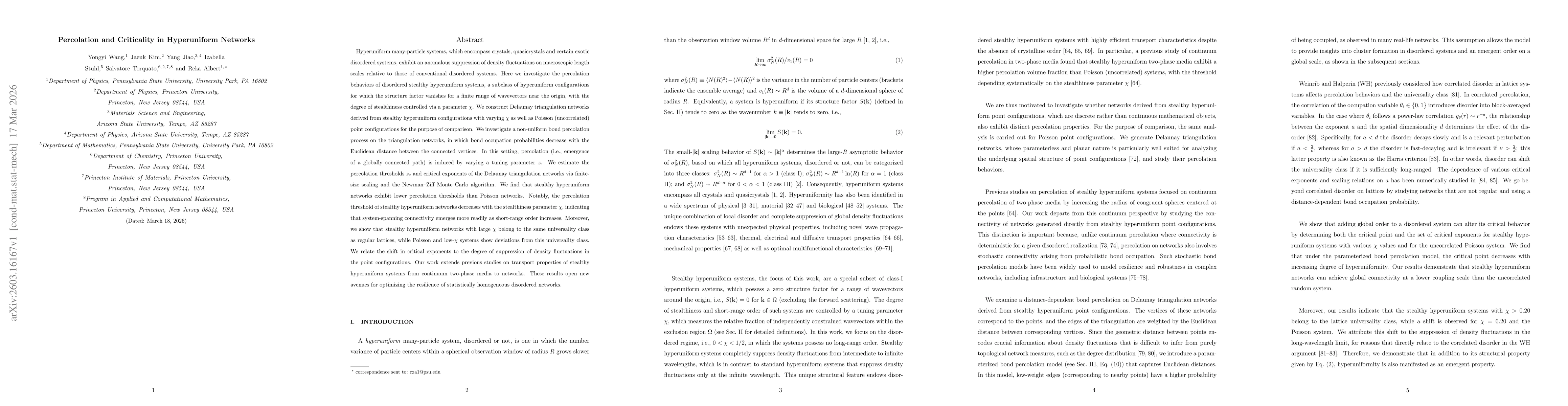 Thumbnail for Percolation and Criticality in Hyperuniform Networks