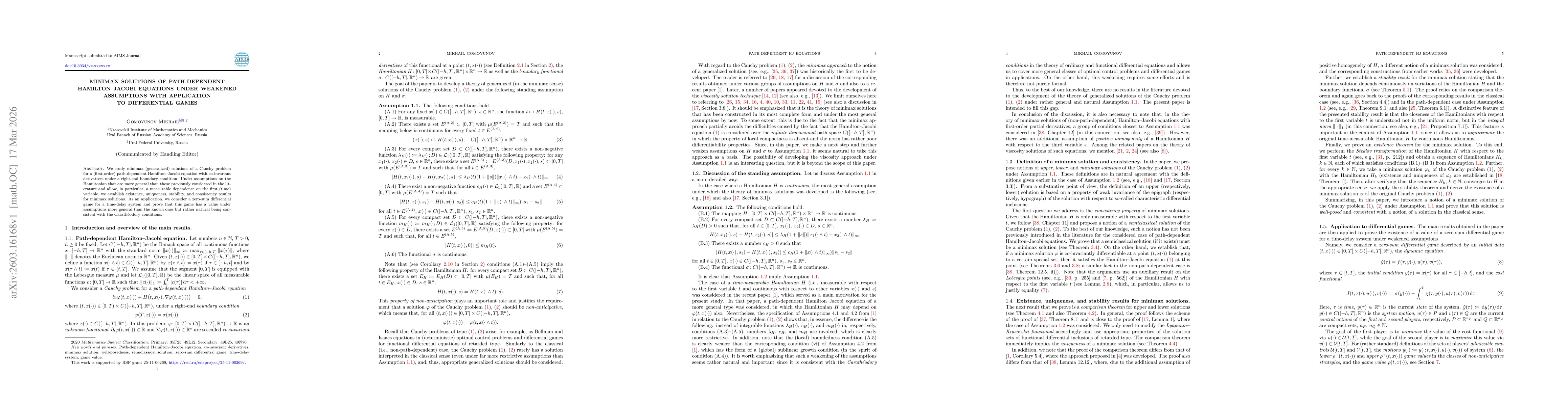 Thumbnail for Minimax solutions of path-dependent Hamilton--Jacobi equations under weakened assumptions with application to differential games
