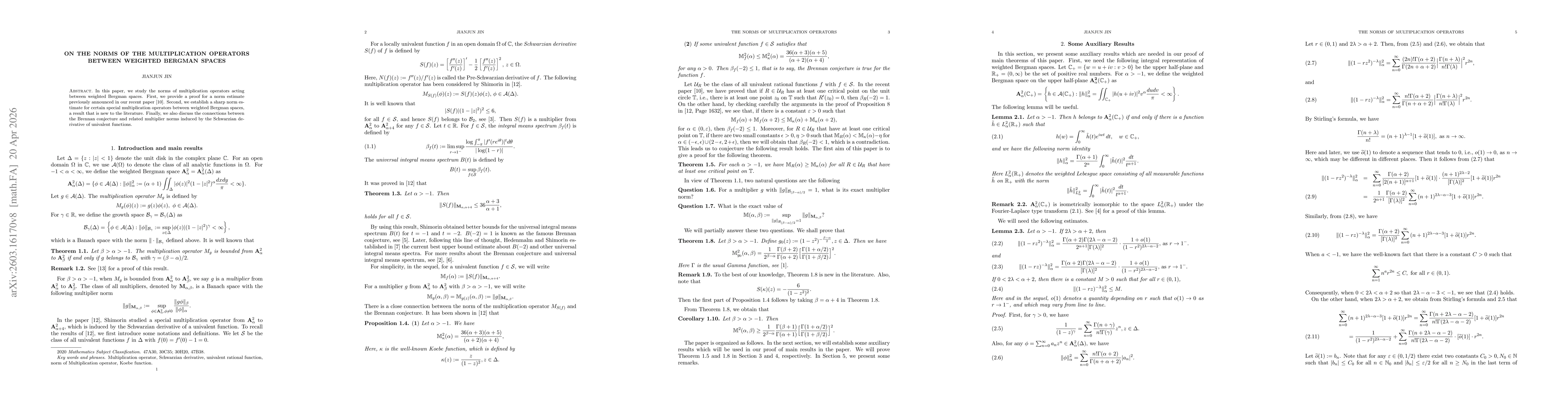 Thumbnail for On the norms of the multiplication operators between weighted Bergman spaces