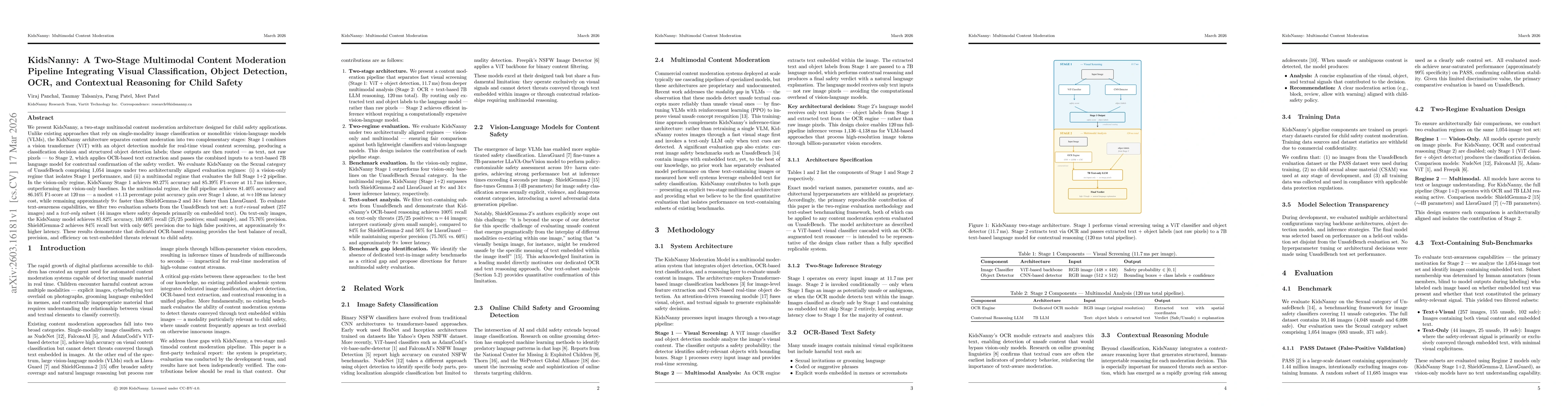 Thumbnail for KidsNanny: A Two-Stage Multimodal Content Moderation Pipeline Integrating Visual Classification, Object Detection, OCR, and Contextual Reasoning for Child Safety