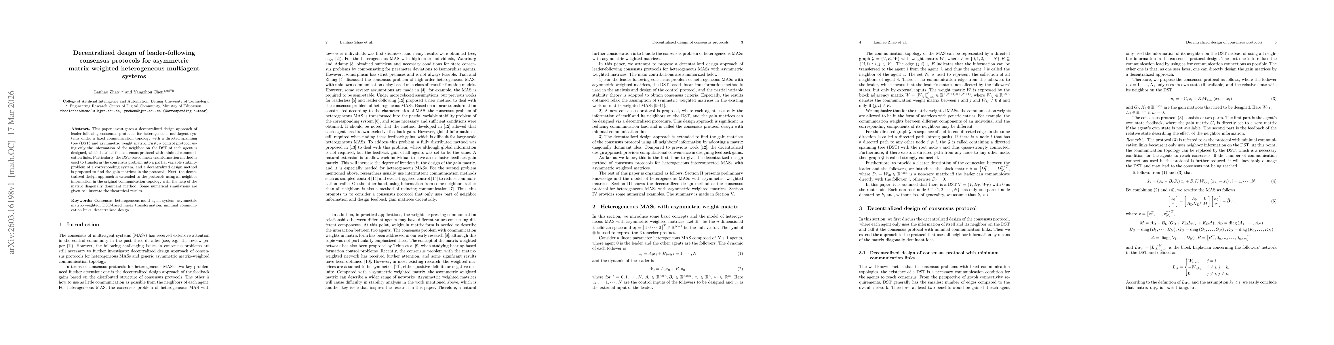 Thumbnail for Decentralized design of leader-following consensus protocols for asymmetric matrix-weighted heterogeneous multiagent systems