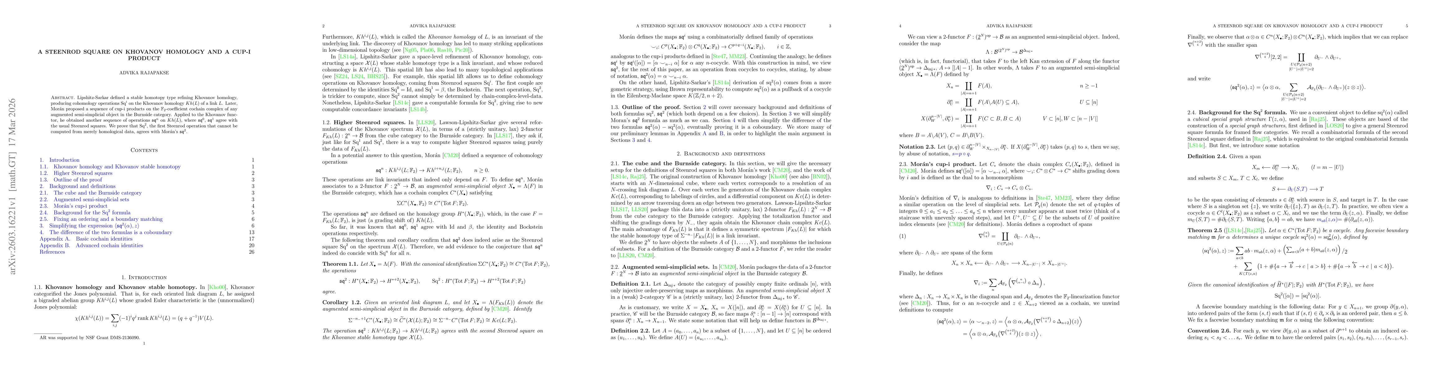 Thumbnail for A Steenrod square on Khovanov homology and a cup-i product