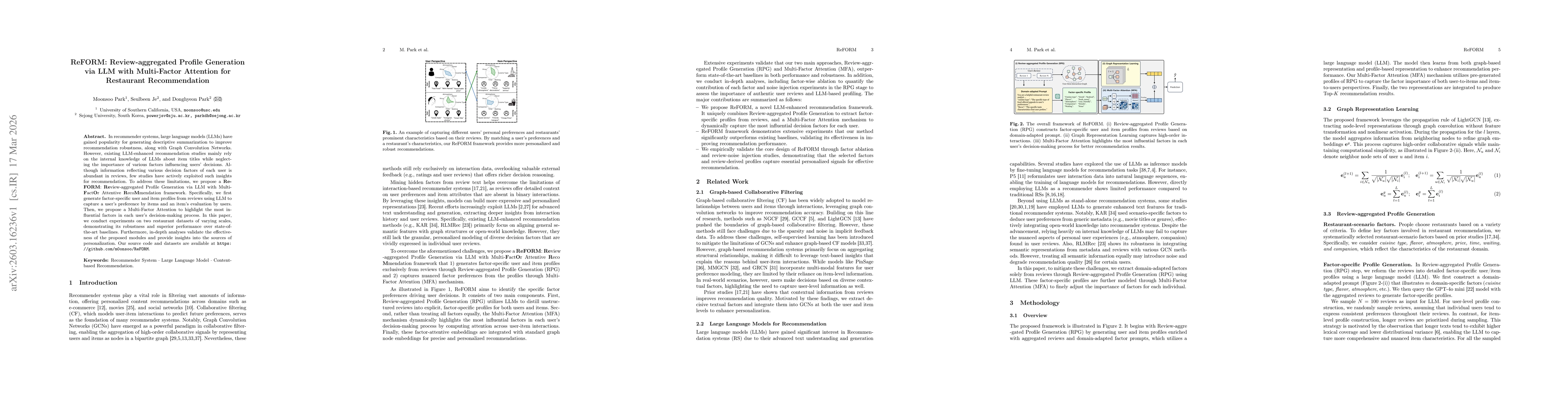 Thumbnail for ReFORM: Review-aggregated Profile Generation via LLM with Multi-Factor Attention for Restaurant Recommendation