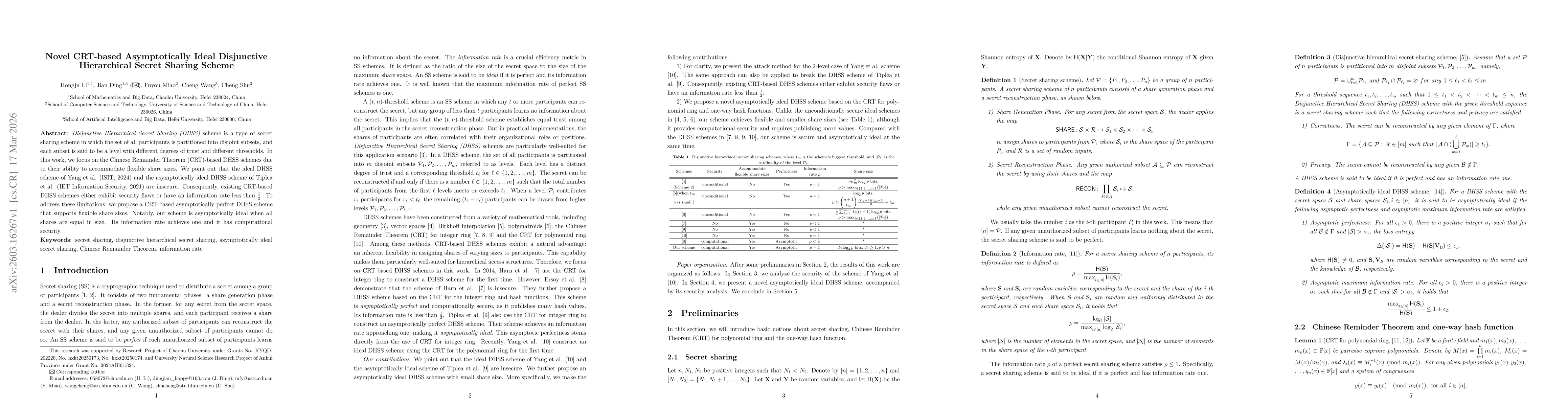 Thumbnail for Novel CRT-based Asymptotically Ideal Disjunctive Hierarchical Secret Sharing Scheme