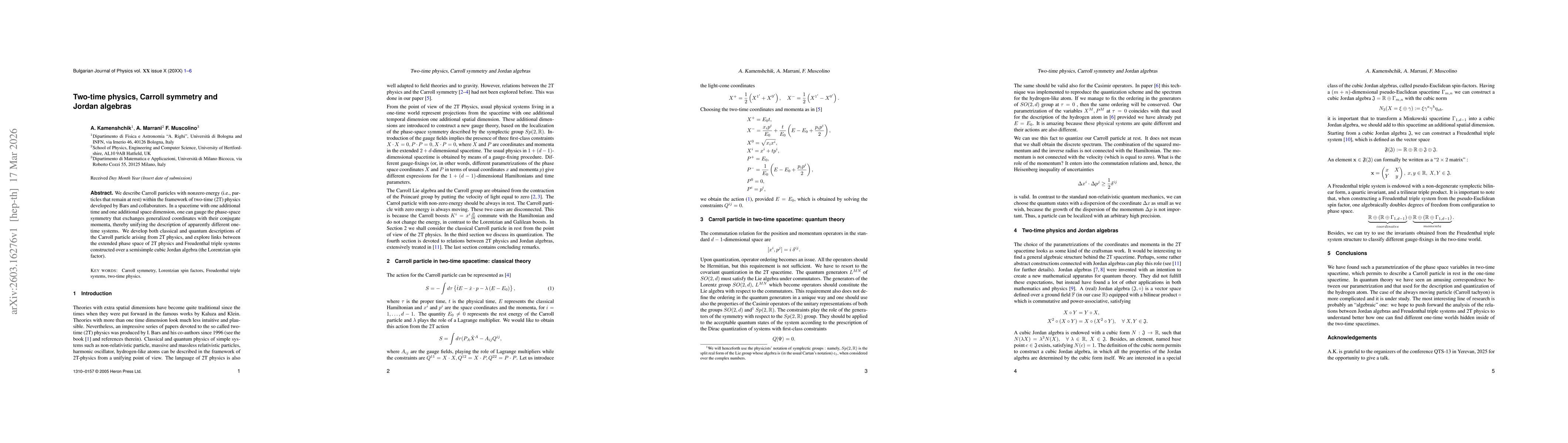 Thumbnail for Two-time physics, Carroll symmetry and Jordan algebras