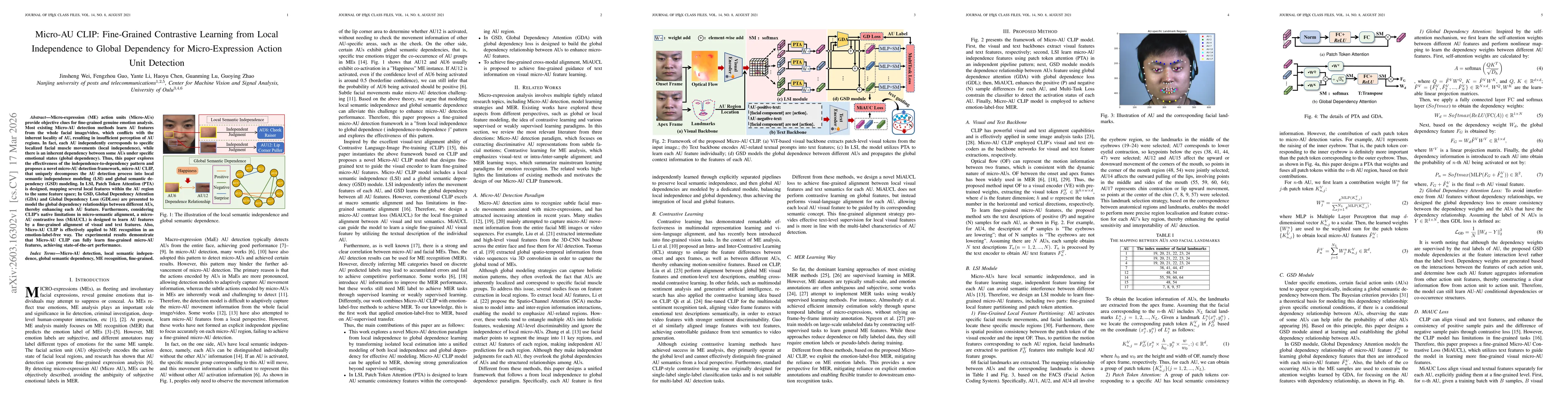 Thumbnail for Micro-AU CLIP: Fine-Grained Contrastive Learning from Local Independence to Global Dependency for Micro-Expression Action Unit Detection