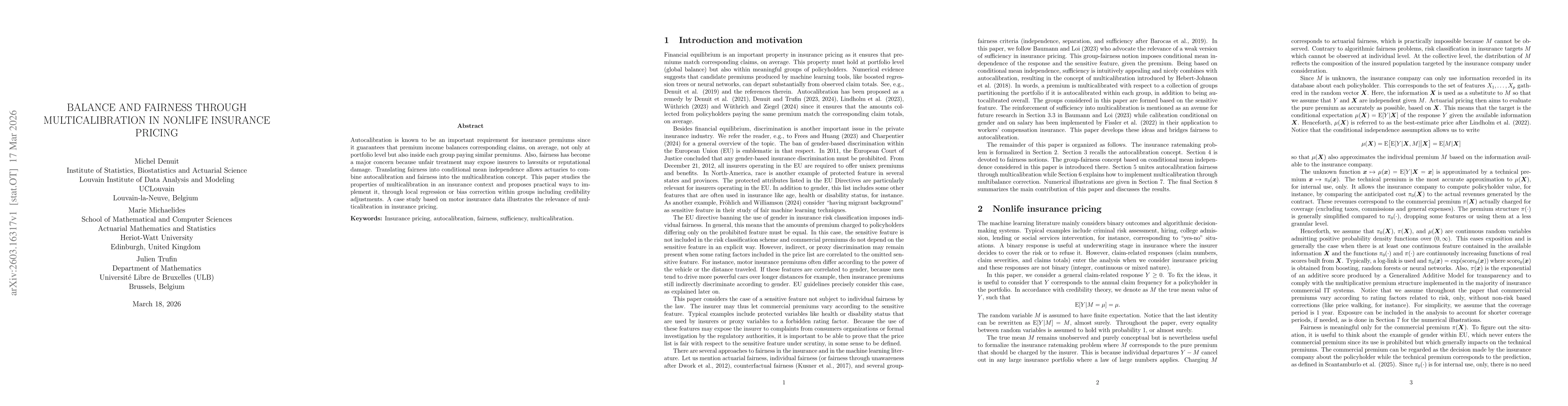 Thumbnail for Balance and Fairness through Multicalibration in Nonlife Insurance Pricing