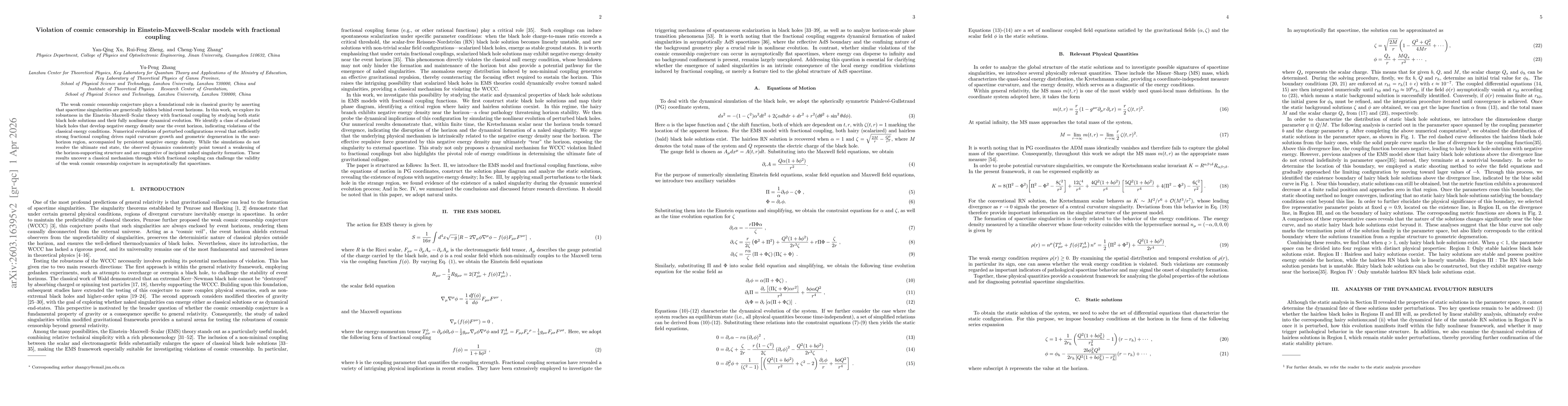 Thumbnail for Violation of Cosmic Censorship in Einstein-Maxwell-Scalar Models with Fractional Coupling