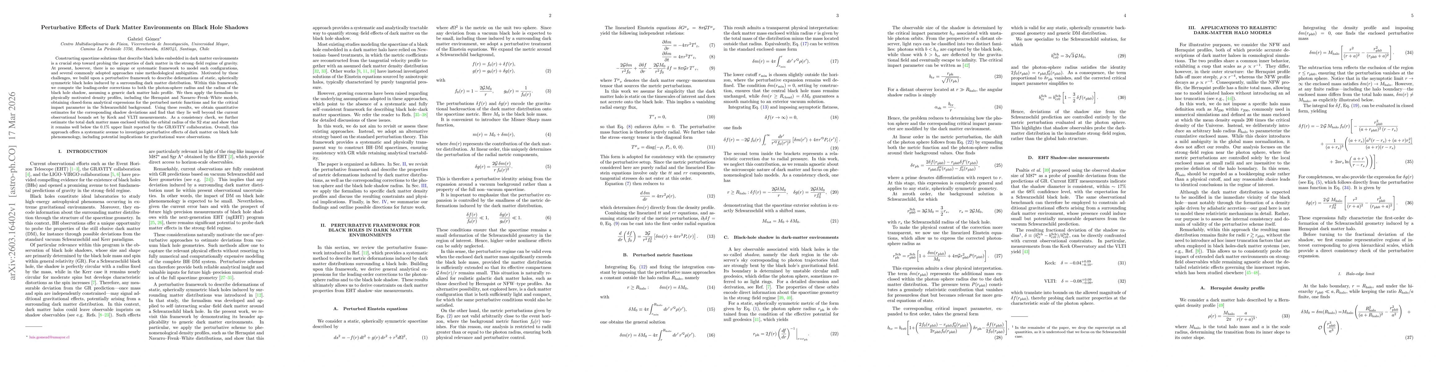 Thumbnail for Perturbative Effects of Dark Matter Environments on Black Hole Shadows
