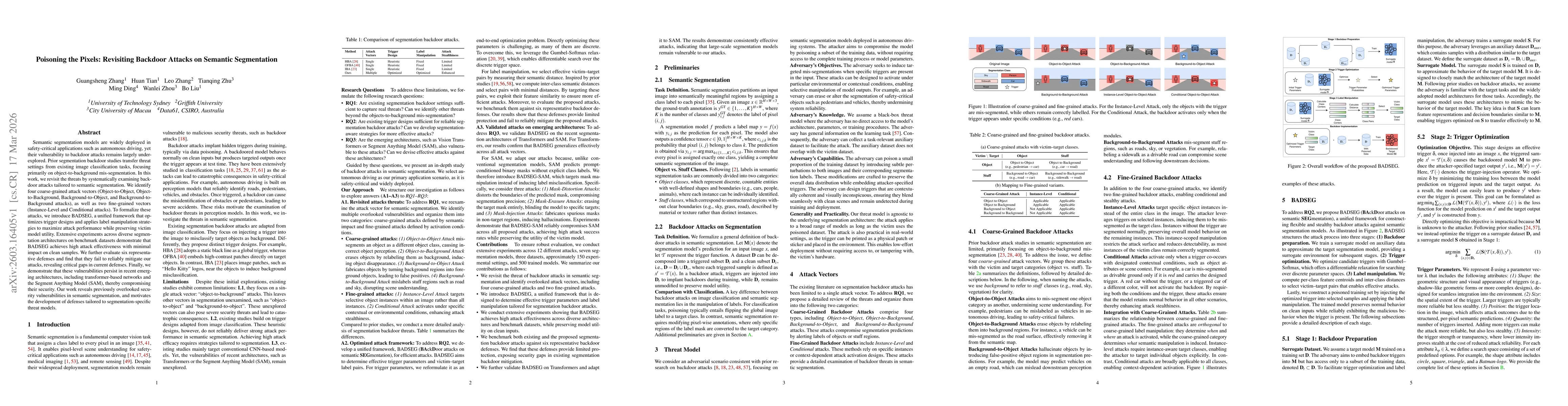 Thumbnail for Poisoning the Pixels: Revisiting Backdoor Attacks on Semantic Segmentation