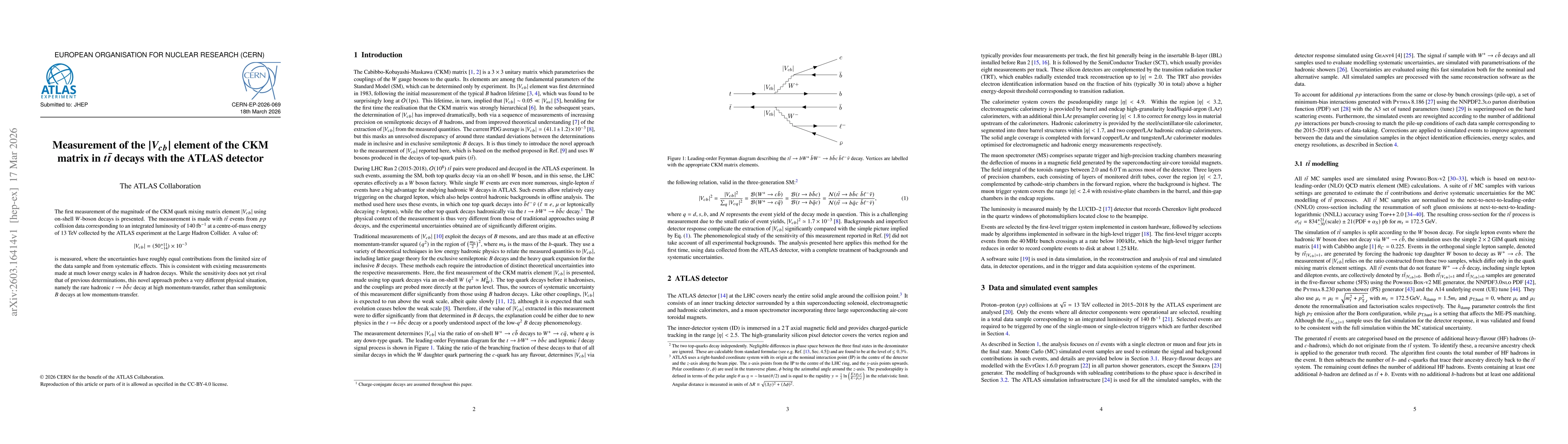 Thumbnail for Measurement of the $|V_{cb}|$ element of the CKM matrix in $t\bar{t}$ decays with the ATLAS detector