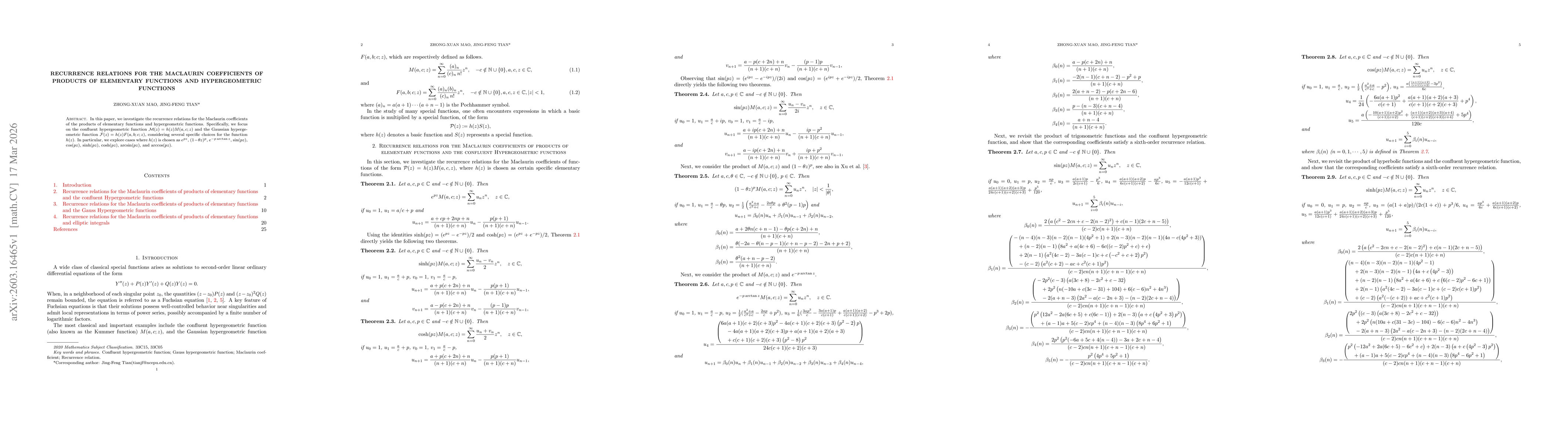 Thumbnail for Recurrence relations for the Maclaurin coefficients of products of elementary functions and Hypergeometric functions