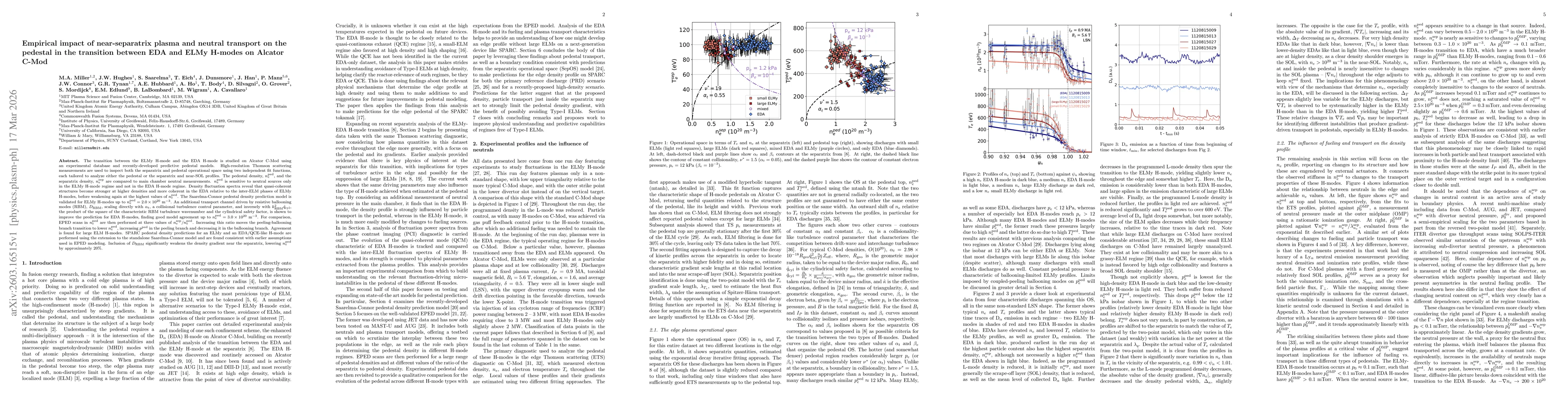 Thumbnail for Empirical impact of near-separatrix plasma and neutral transport on the pedestal in the transition between EDA and ELMy H-modes on Alcator C-Mod
