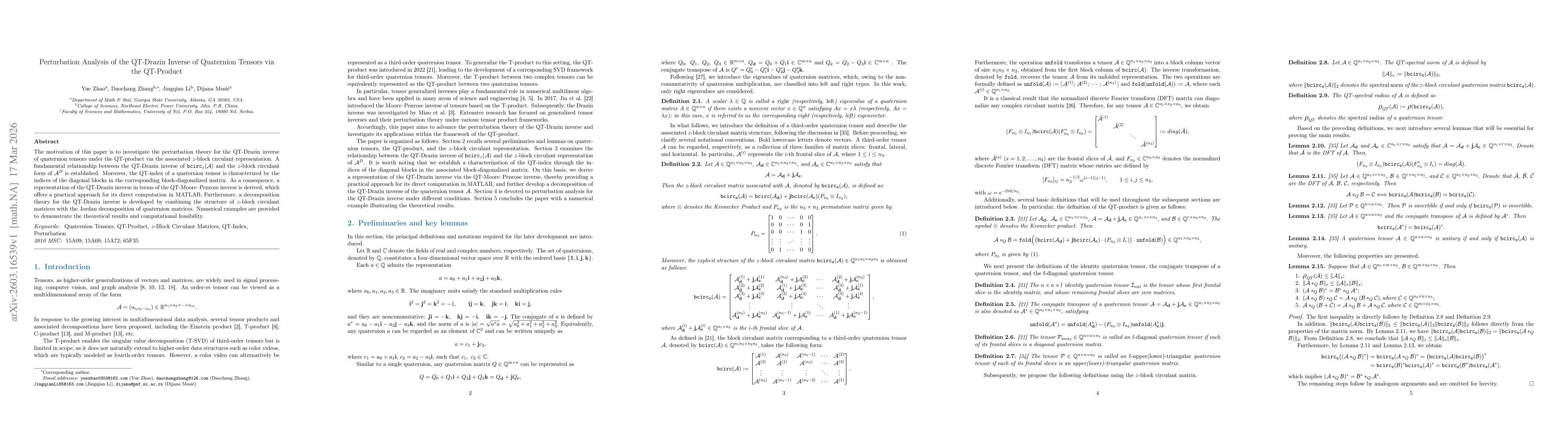 Thumbnail for Perturbation Analysis of the QT-Drazin Inverse of Quaternion Tensors via the QT-Product