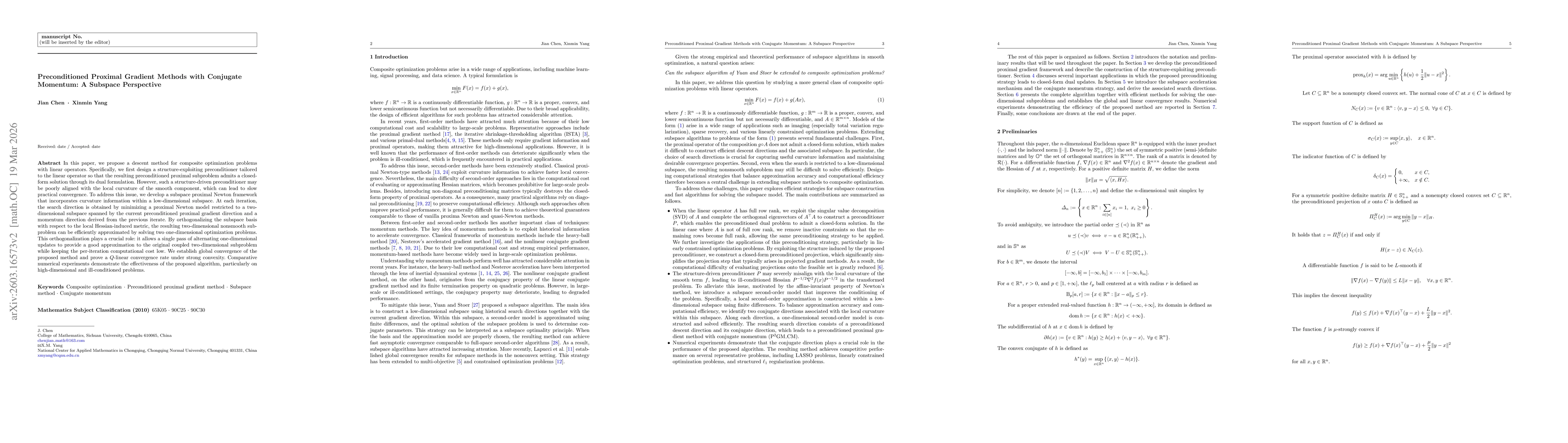 Thumbnail for Preconditioned Proximal Gradient Methods with Conjugate Momentum: A Subspace Perspective