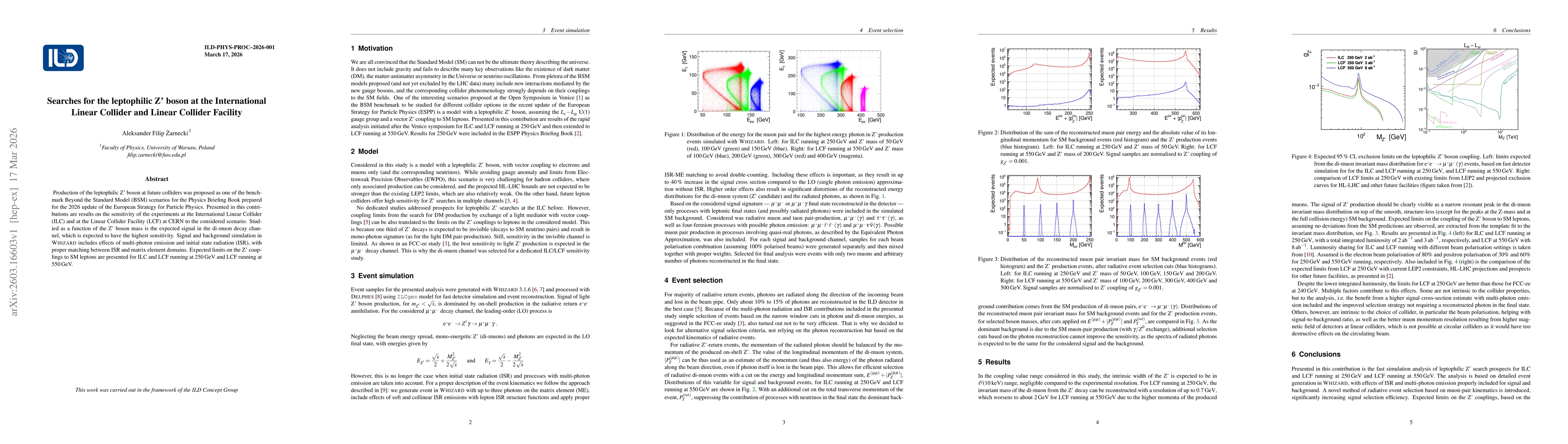 Thumbnail for Searches for the leptophilic Z' boson at the International Linear Collider and Linear Collider Facility