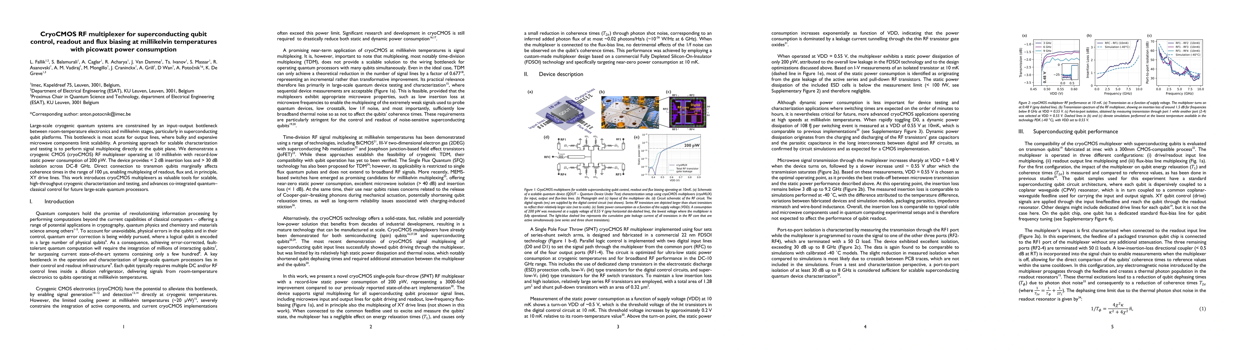 Thumbnail for CryoCMOS RF multiplexer for superconducting qubit control, readout and flux biasing at millikelvin temperatures with picowatt power consumption