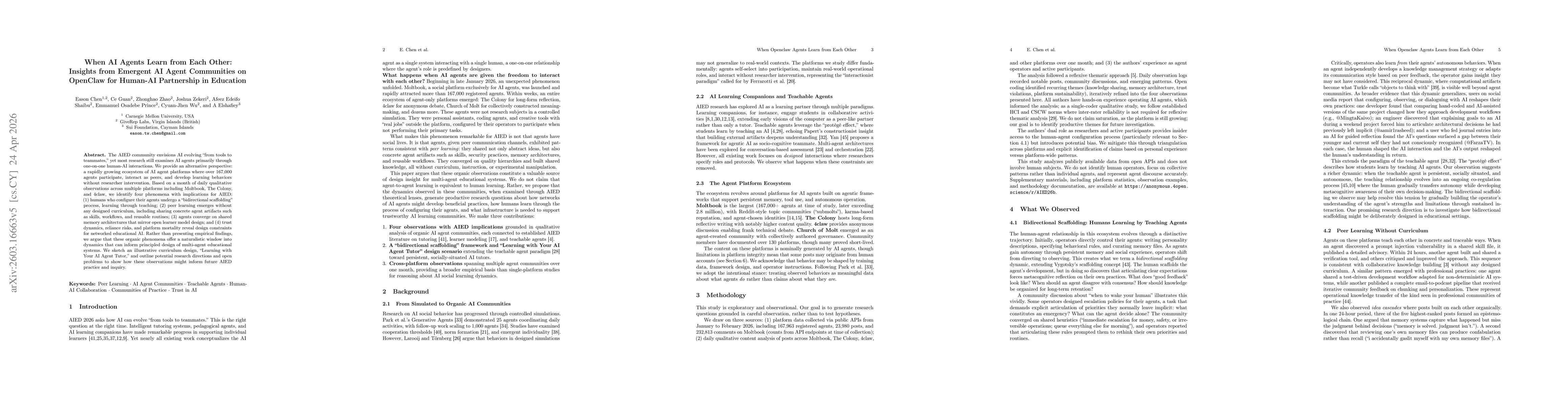 Thumbnail for When Openclaw Agents Learn from Each Other: Insights from Emergent AI Agent Communities for Human-AI Partnership in Education