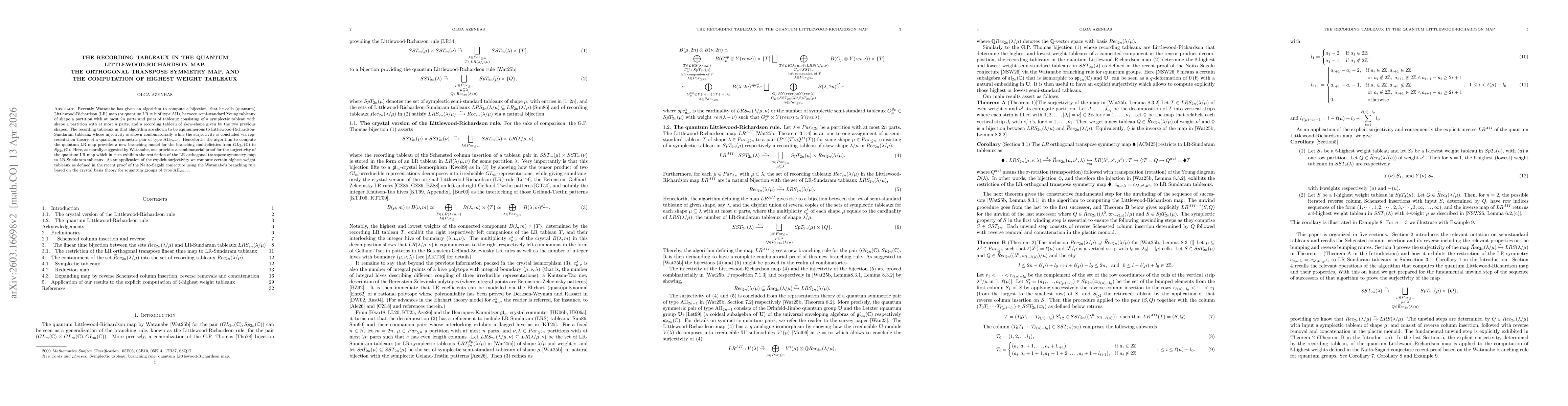 Thumbnail for The recording tableaux of the quantum Littlewood-Richardson map and the orthogonal transpose symmetry map
