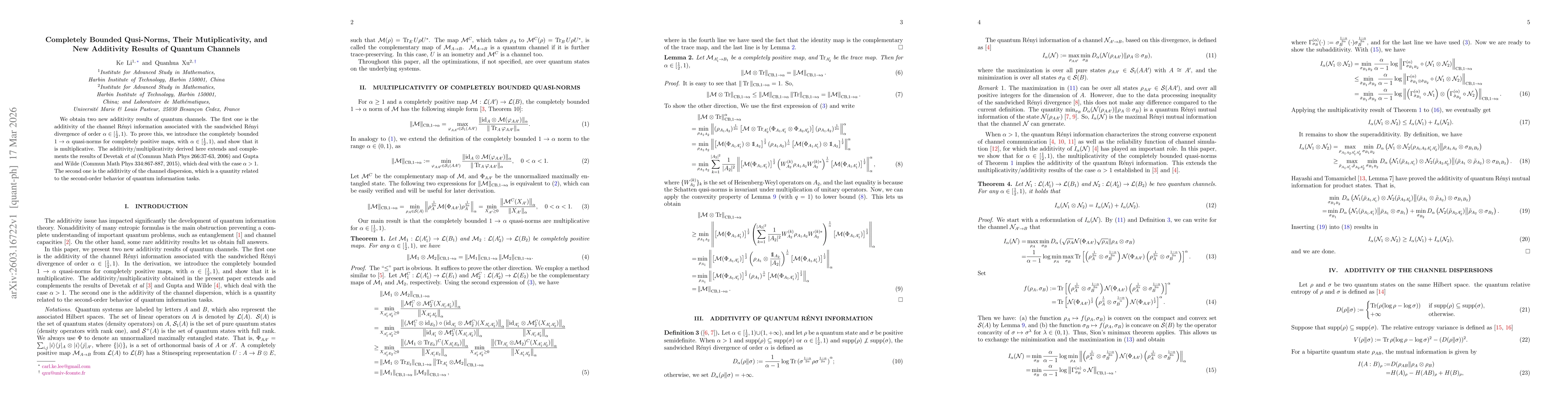 Thumbnail for Completely Bounded Qusi-Norms, Their Mutiplicativity, and New Additivity Results of Quantum Channels