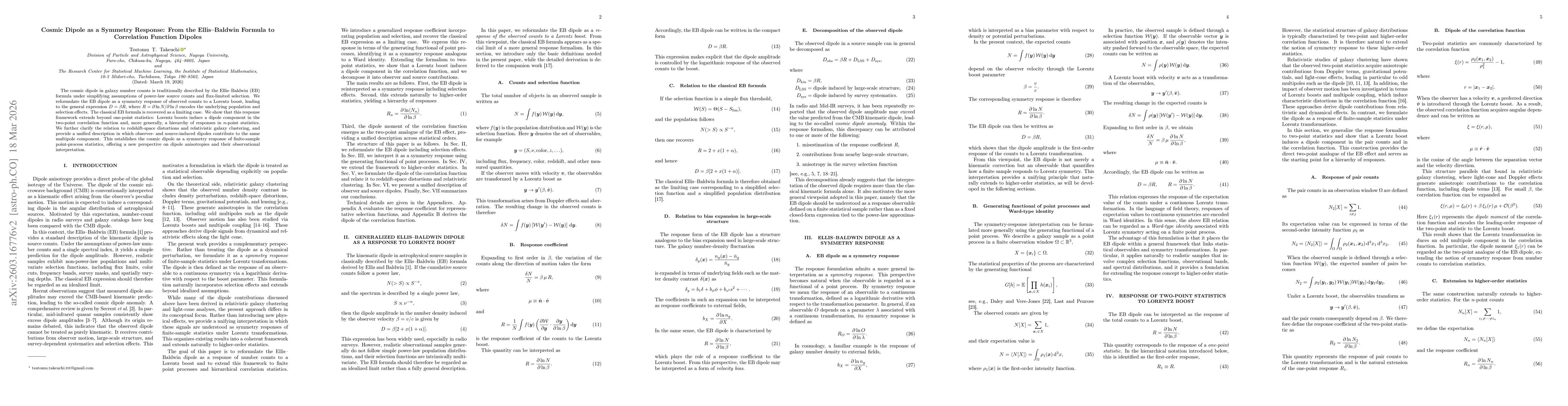 Thumbnail for Cosmic Dipole as a Symmetry Response: From the Ellis--Baldwin Formula to Correlation Function Dipoles