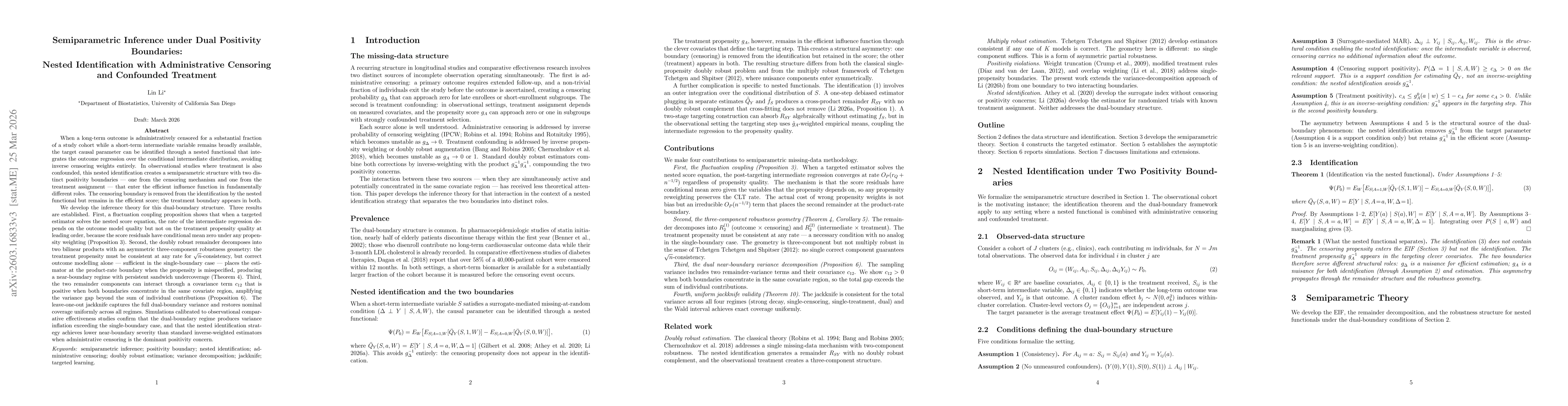 Thumbnail for Semiparametric Inference under Dual Positivity Boundaries:Nested Identification with Administrative Censoring and Confounded Treatment