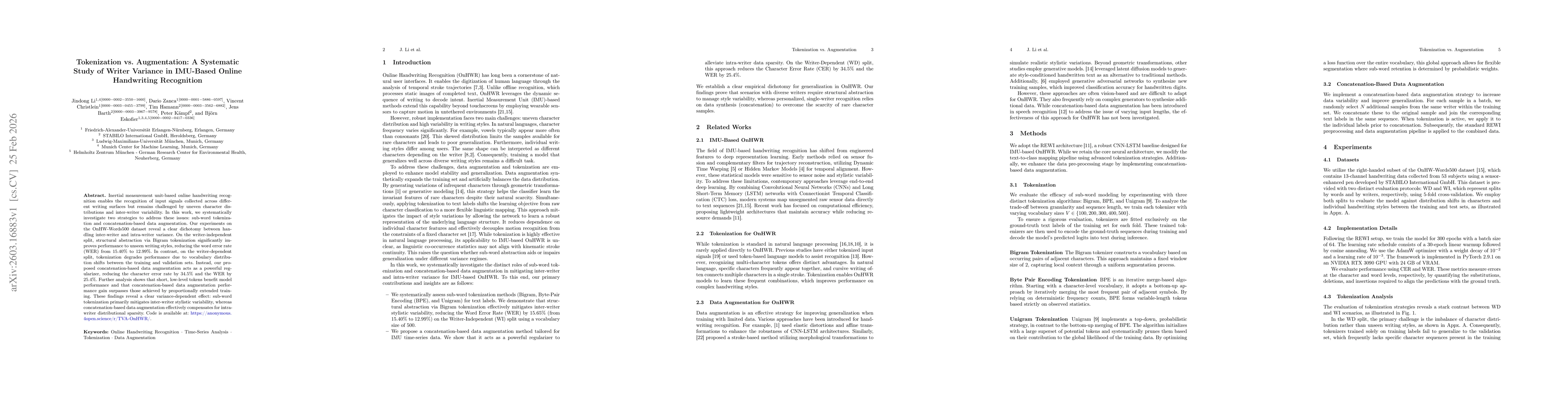 Thumbnail for Tokenization vs. Augmentation: A Systematic Study of Writer Variance in IMU-Based Online Handwriting Recognition