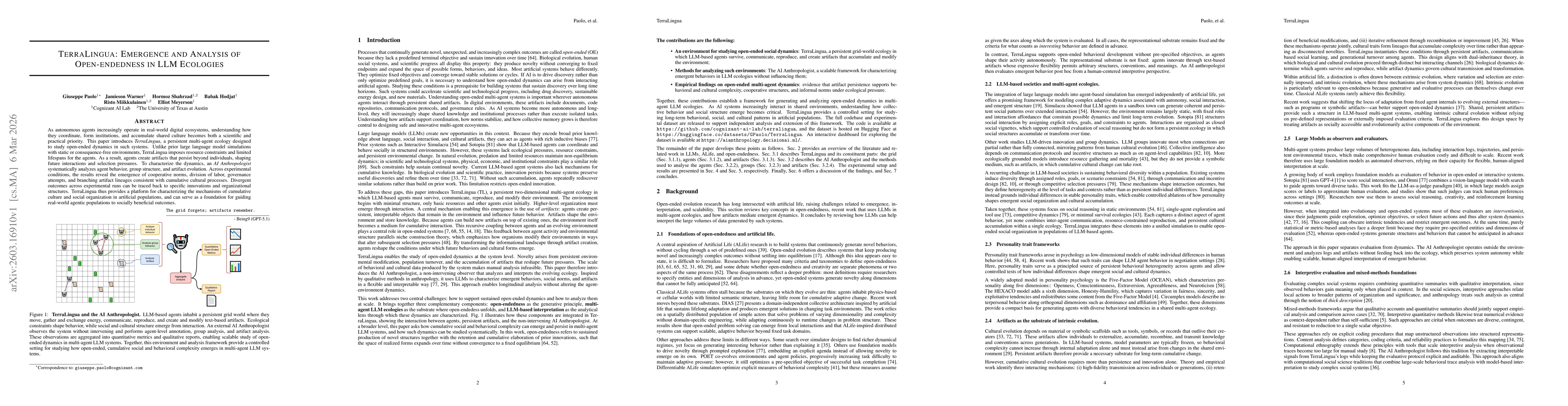Thumbnail for TerraLingua: Emergence and Analysis of Open-endedness in LLM Ecologies