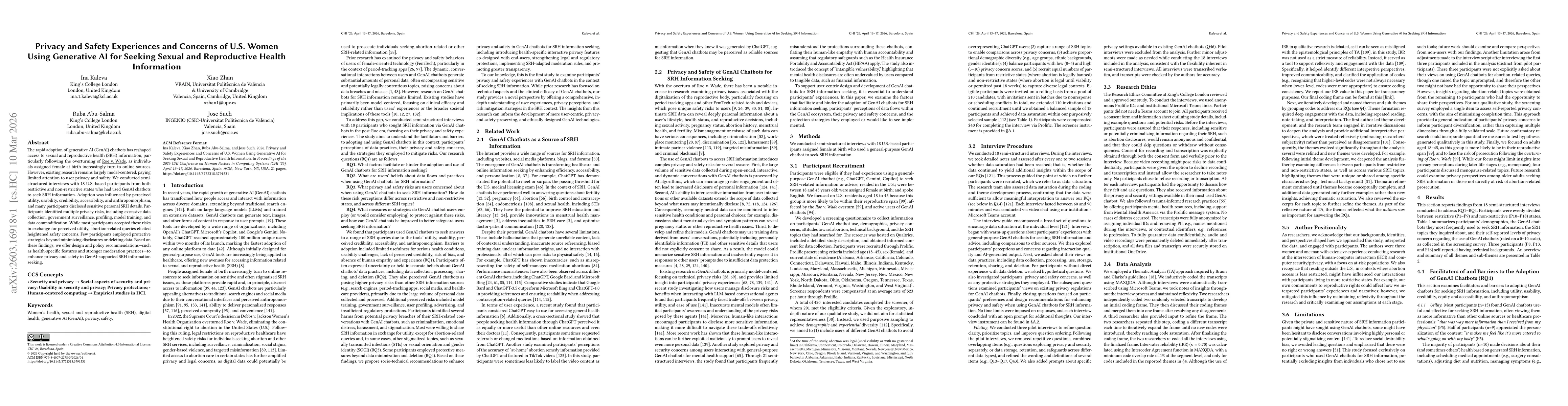 Thumbnail for Privacy and Safety Experiences and Concerns of U.S. Women Using Generative AI for Seeking Sexual and Reproductive Health Information